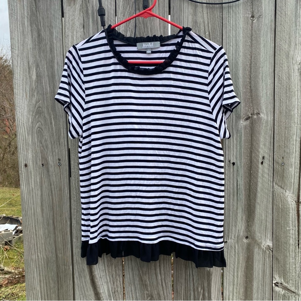 Ruffle Trim Striped Marled Reunited‎ Clothing Top Womens Large Black White